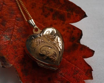 Medallón de corazón de filigrana de oro laminado de 9 quilates personalizado - medallón de foto - collar grabado - medallón personalizado - collar personalizado - LO-7119
