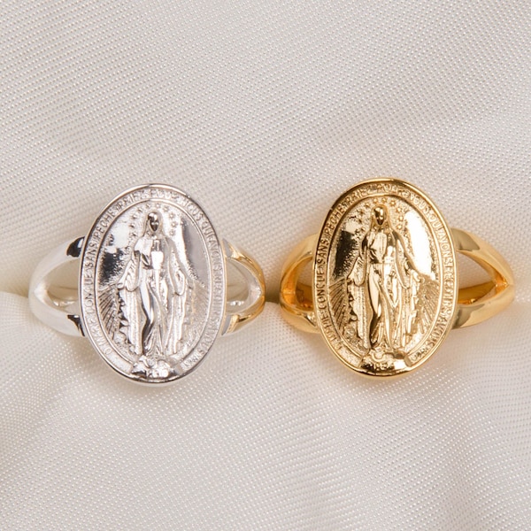 Sterling Silver Miraculous Medal Ring - silver Virgin Mary Ring - gold Sovereign ring - pinkie medal ring - bijoux religieux