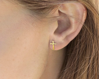 9ct yellow gold diamond cut cross stud earrings  - cross earrings - 9ct gold - gold earrings - gold cross - drop earrings - SF7106