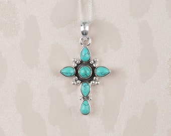 Sterling silver and turquoise effect cross pendant - silver cross pendant - blue cross necklace - turquoise necklace - CMEL7202/T