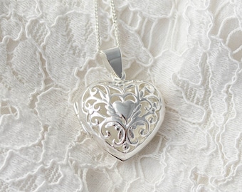 Personalised sterling silver filigree heart caged locket - photo locket - engraved necklace - personalised locket - mum gift - G2-LO-5325