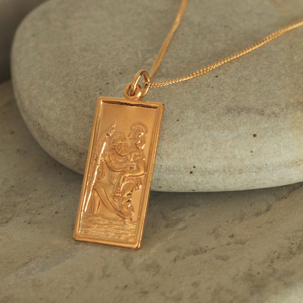 9ct rolled gold rectangle St Christopher pendant - gold Saint Christopher necklace - travelling gift - safe travel and protection - PS-2055