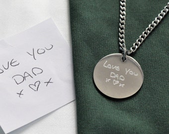 Handwriting personalised stainless steel pendant - engraved handwriting necklace - children's drawing necklace - engraved pendant - dad gift