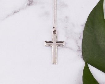 9ct rolled white gold cross pendant with beaded edge - cross necklace - cross jewellery - white gold necklace - religious jewellery - WC2006