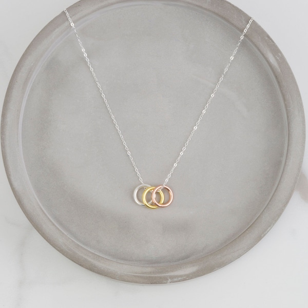 Sterling Silver three tone circle necklace - triple ring - rose necklace - gold necklace - silver necklace - ring necklace - AP71262