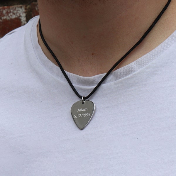 Personalised Guitar Pick Steel Pendant - personalised men's necklace - custom jewellery - tarnish free engraved pendant - dad gift