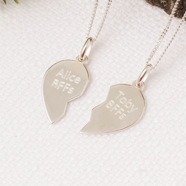 Sterling silver personalised split heart pendant - engraved friendship necklace - love heart name pendant - couple gift