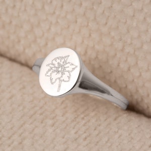Sterling Silver Birth Flower Oval Signet Ring - birthday jewellery - gift for her - engraved ring - custom engraved gift - floral ring