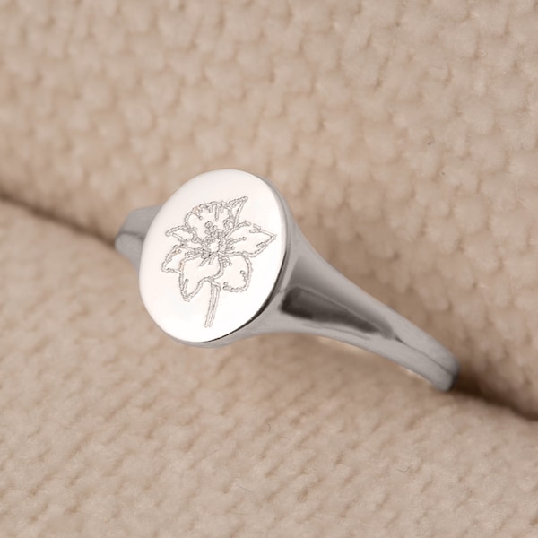 Sterling Silver Birth Flower Oval Signet Ring - birthday jewellery - gift for her - engraved ring - custom engraved gift - floral ring