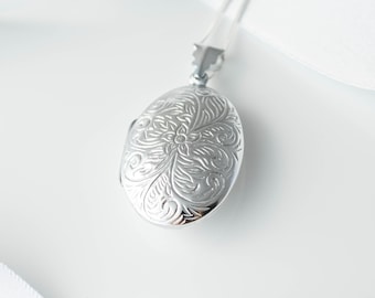 Personalisierte Sterling Silber floral ovale Medaillon - Foto Medaillon - gravierte Halskette - personalisierte Medaillon - Mama Geschenk benutzerdefinierte - G2-LO-3761