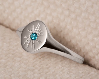 Sterling Silver Birthstone Oval Signet Ring - silver 925 statement ring - engraved birthday gift - custom starburst jewellery
