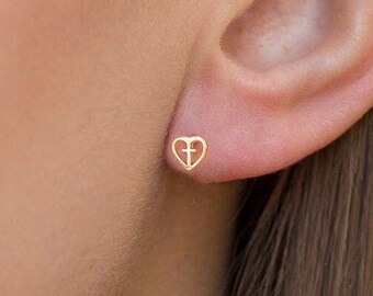 Dainty sterling silver cross and heart stud earrings - cross earrings - heart earrings - silver earrings - gold studs - AP82569