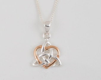 Two tone linked knot heart pendant - silver necklace - rose gold pendant