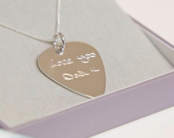 Handwriting sterling silver guitar pick pendant - personalised men's necklace - drawing pendant - handwriting necklace - Dad gift - AP4240
