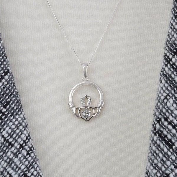 Sterling silver CZ Claddagh Necklace - Claddagh heart - silver necklace - gold necklace - E1-PD-1487