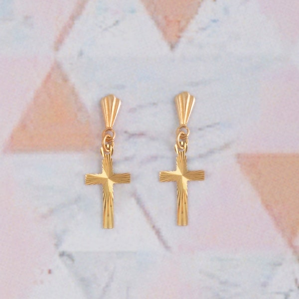 9ct yellow gold diamond cut cross dropper earrings  - cross earrings - 9ct gold - gold earrings - gold cross - drop earrings - DF7266
