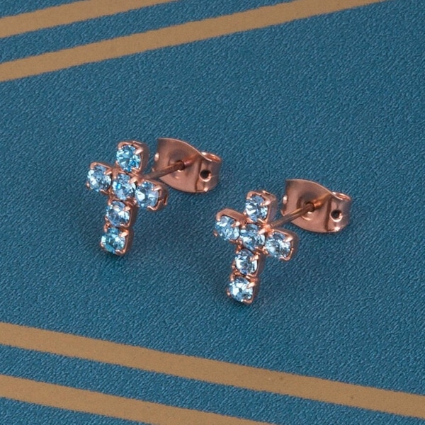 Aqua Swarovski crystal cross stud earrings  - crystal cross - cross jewellery - silver earrings - gold earrings - blue cross - AQ/CROSS/EAR