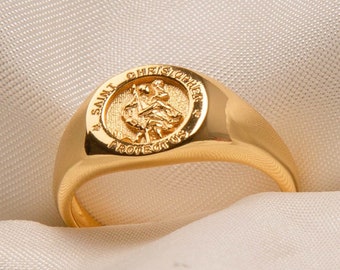 Sterling Silver St Christopher Signet Ring - silver travel gift - gold Sovereign Ring - pinky medal ring