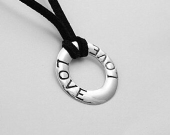 Sterling silver antiqued Love disc on a leather cord - love necklace - disc pendant - silver necklace - leather necklace - AP100