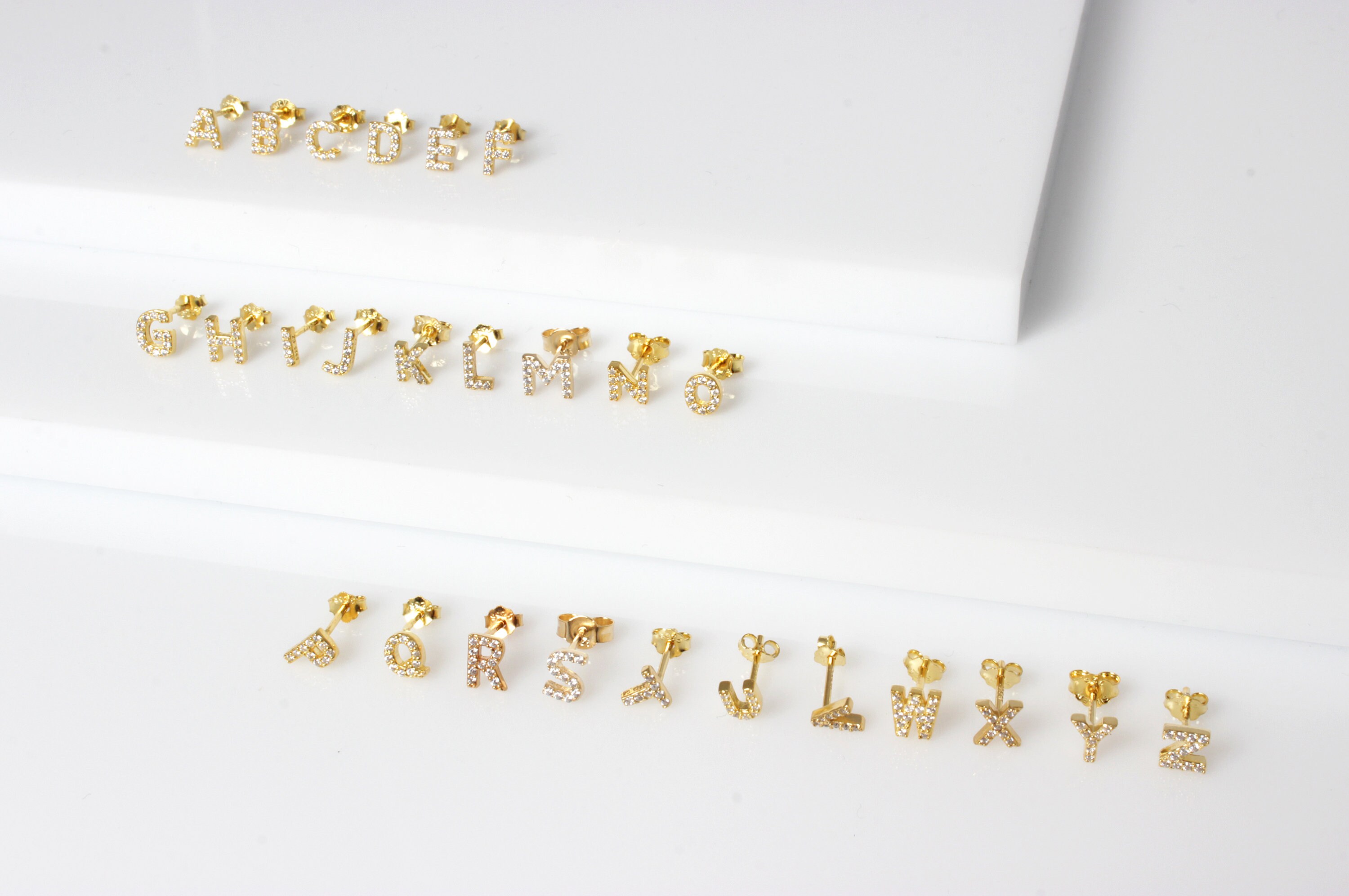 Gold CZ Initial Stud Earrings J Letter Earrings Alphabet Etsy