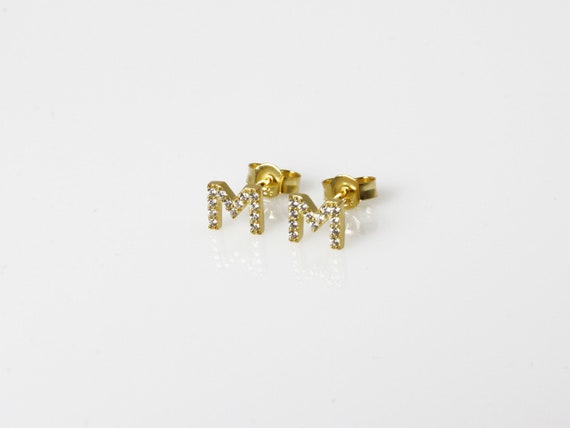Gold CZ Initial Stud Earrings M Letter Earrings Alphabet Earrings