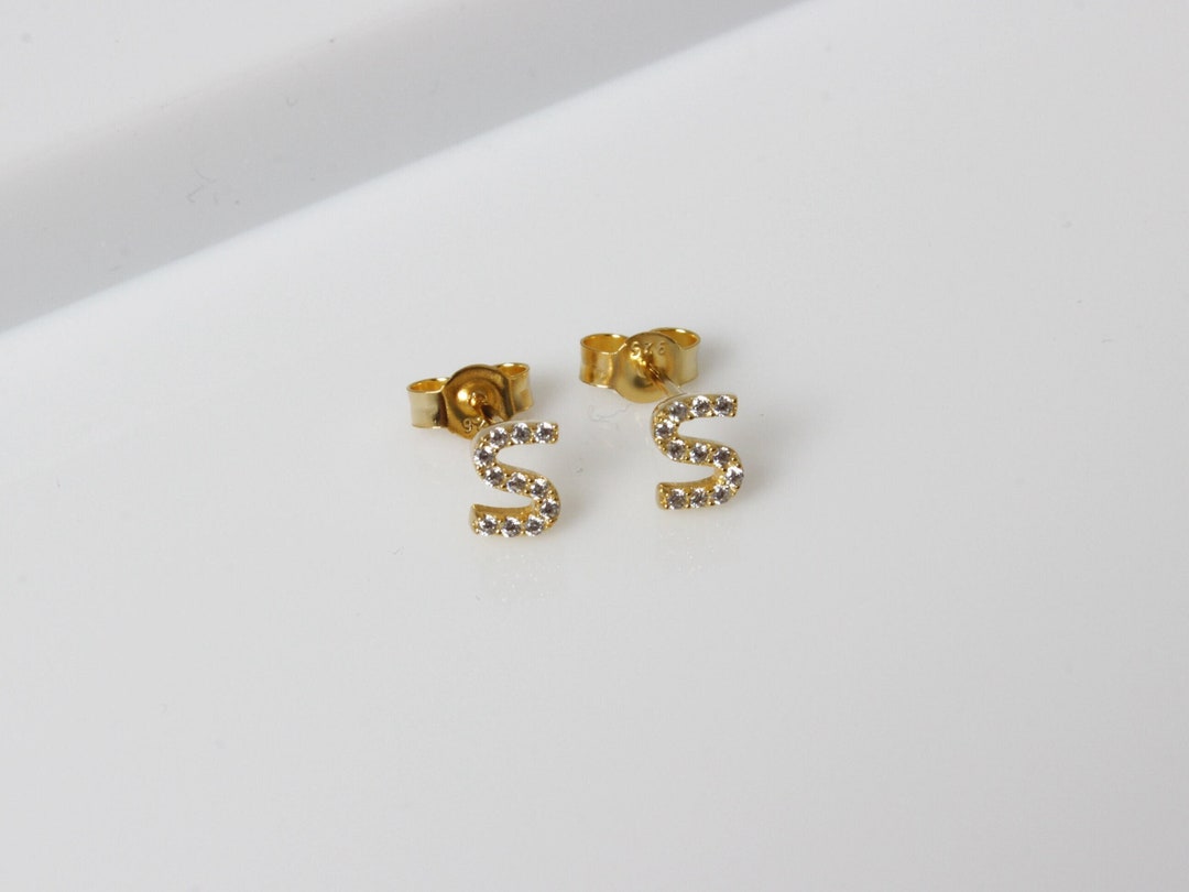 Buy Gold Initial S Stud Earring 14K Yellow Gold Classy Small Cute Size Alphabet  Earrings Birthday Gift One Pair 2 Pieces Online in India - Etsy