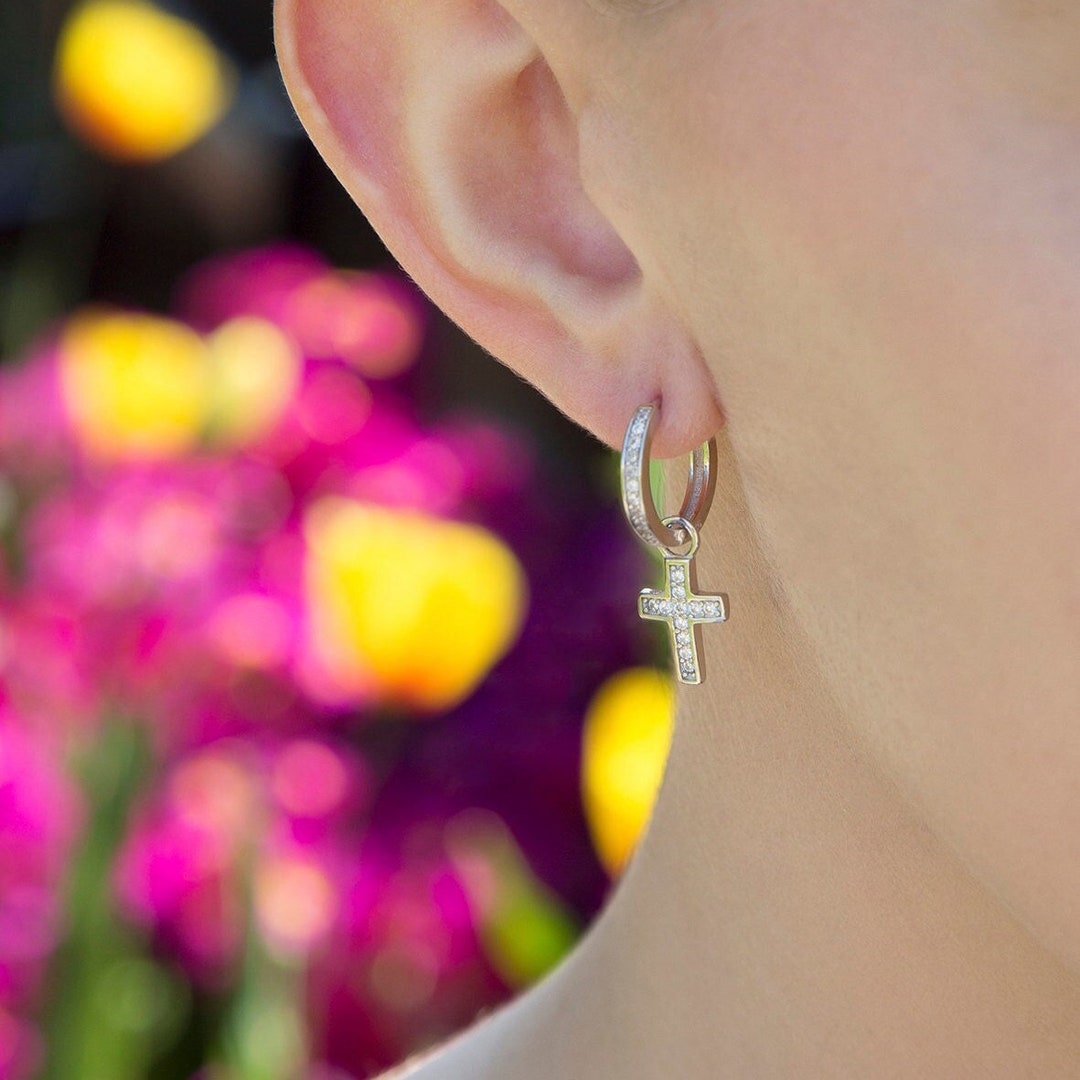 Sterling Silver CZ Huggie Earrings With Cross Charm Silver Cross