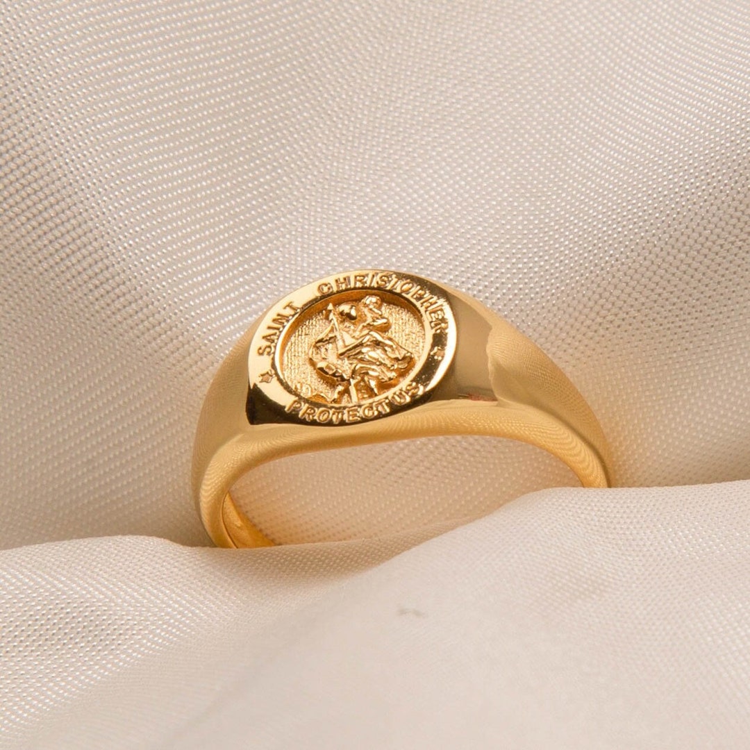 Sterling Silver St Christopher Signet Ring Silver Travel Gift Gold