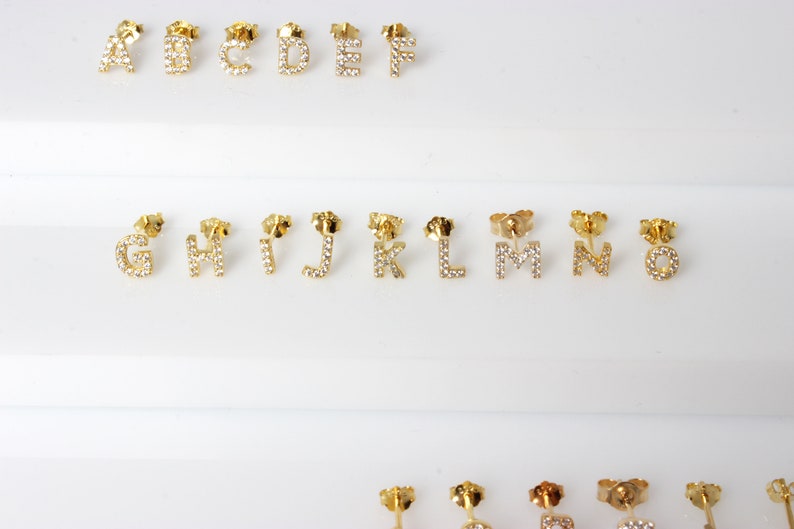 Gold CZ Initial Stud Earrings M Letter Earrings Alphabet Etsy