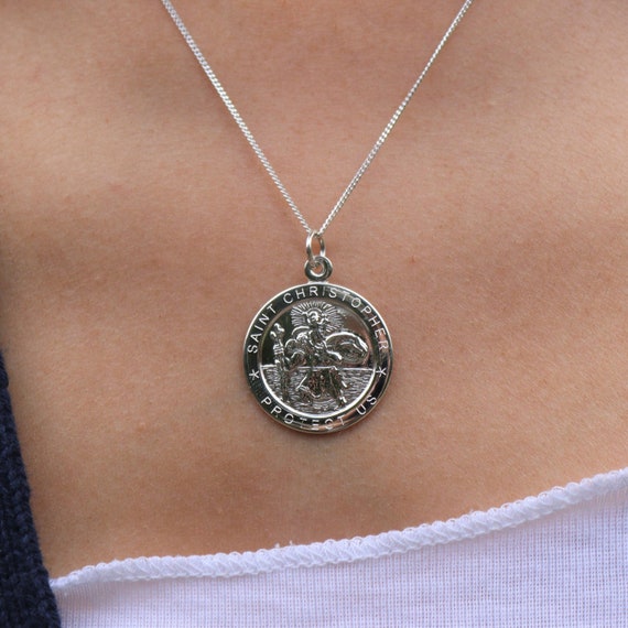 HZMAN Men Women Round St Christopher Pendant Necklace Religious Vintage  Medal Stainless Steel 22+2