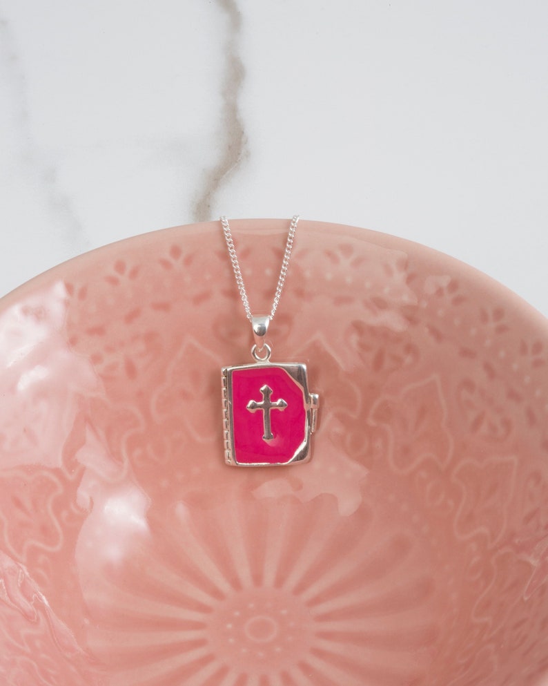 Pink enamelled Bible and cross pendant cross necklace Bible jewellery fuchsia silver necklace AC0650 gold neclace