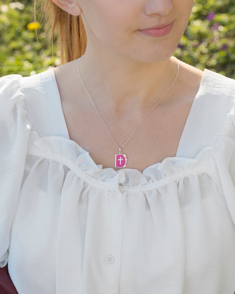 Pink enamelled Bible and cross pendant cross necklace Bible jewellery fuchsia silver necklace AC0650 gold neclace
