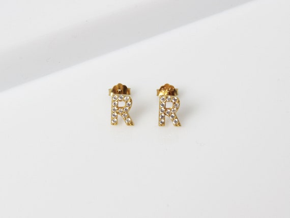 Gold CZ Initial Stud Earrings R Letter Earrings Alphabet Earrings