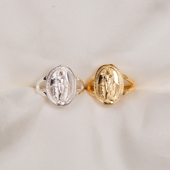 Sterling Silver Miraculous Medal Ring Silver Virgin Mary Ring Gold