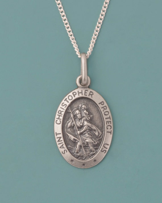 Sterling Silver Saint St Christopher Oval Blue Inlay Pendant on 24/" Chain