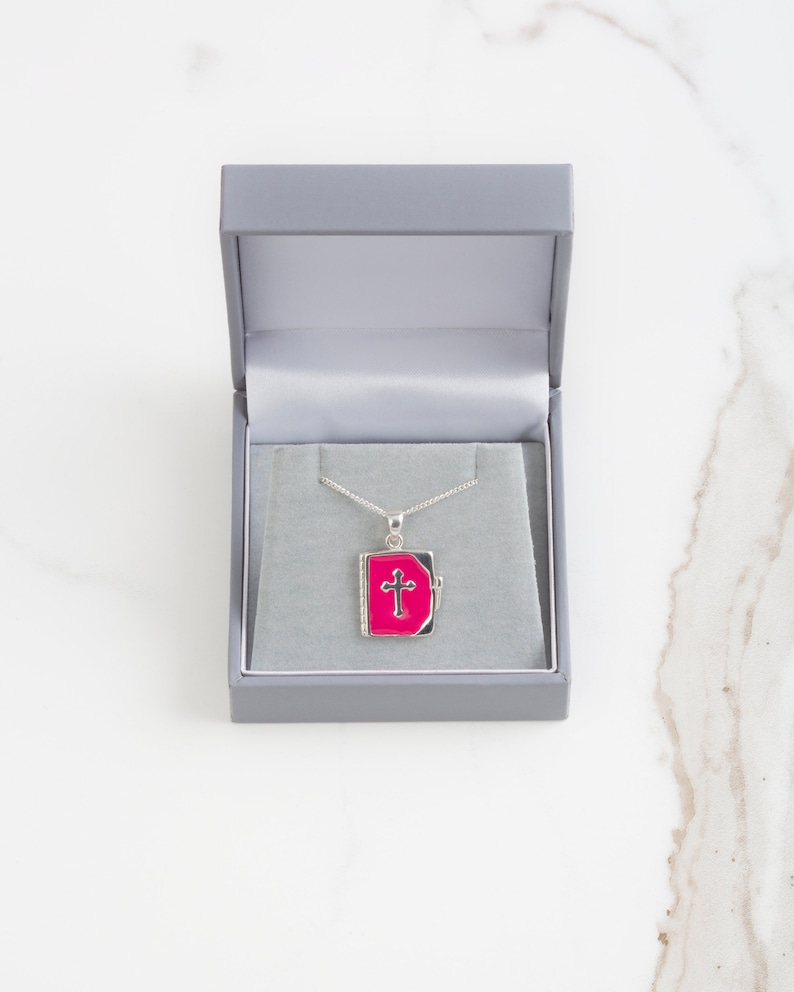 Pink enamelled Bible and cross pendant cross necklace Bible jewellery fuchsia silver necklace AC0650 gold neclace