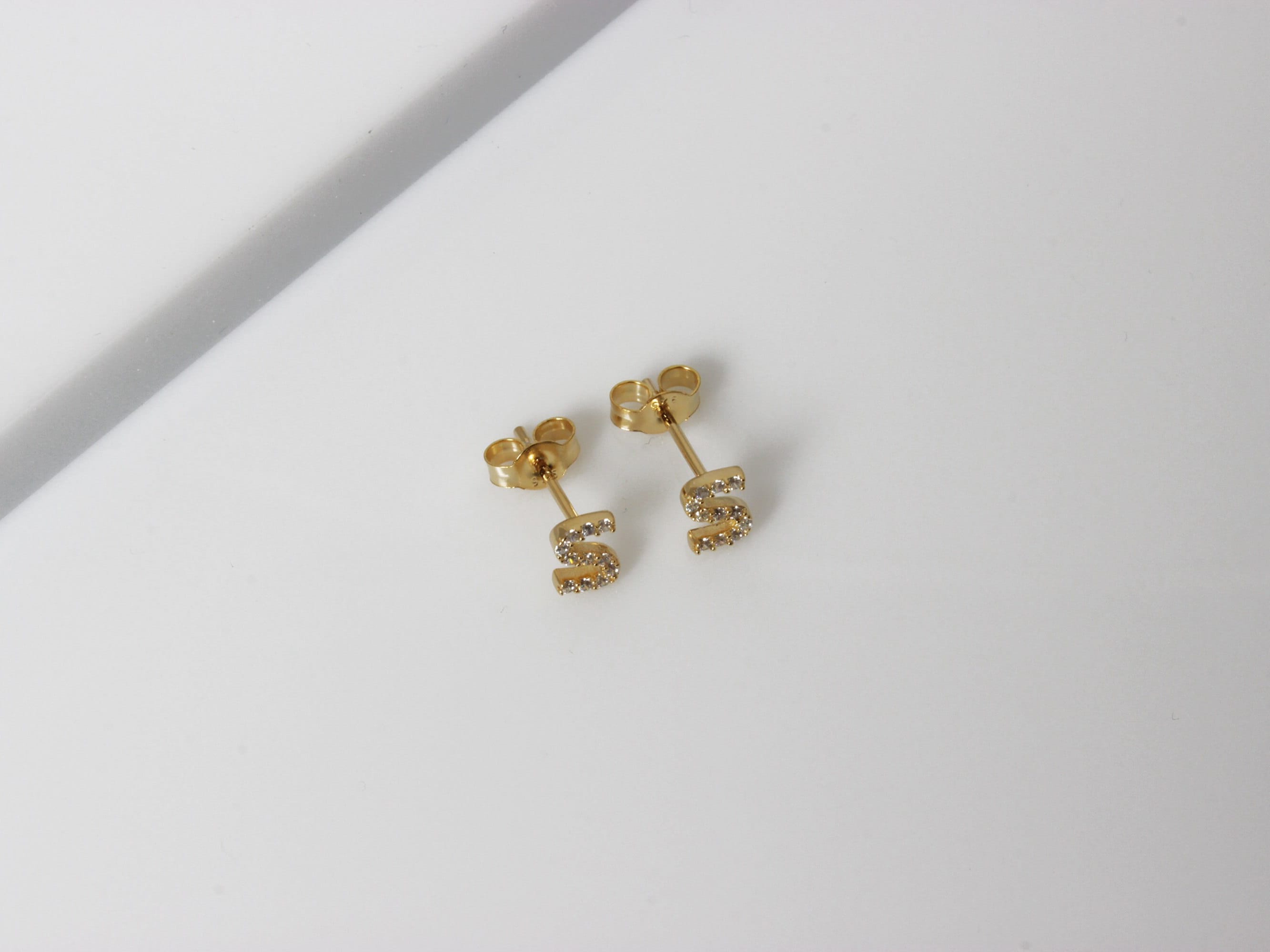 Gold CZ Initial Stud Earrings S Letter Earrings Alphabet 