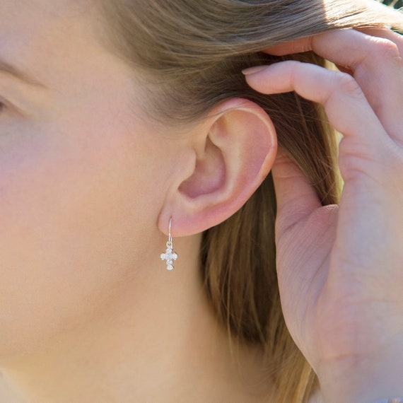 Dainty Sterling Silver Crystal Cross Drop Earrings Silver Cross