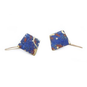 Blue, Red with Gold Asymmetrical Diamond Earrings/Unique Jewelry/ Special Gift