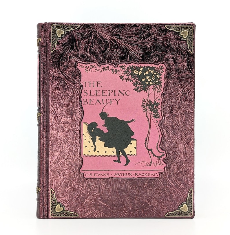 May include: A hardcover book titled "The Sleeping Beauty" with a pink cover and decorative corner accents. The cover features a silhouette illustration of a person carrying another person, with the title in white text. The book has a textured, embossed design.