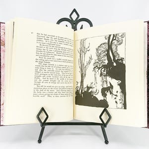 May include: An open book with a decorative black metal book stand. The book has a burgundy cover with a floral pattern and is open to a page with black and white illustrations. The book is propped up by a black metal stand.