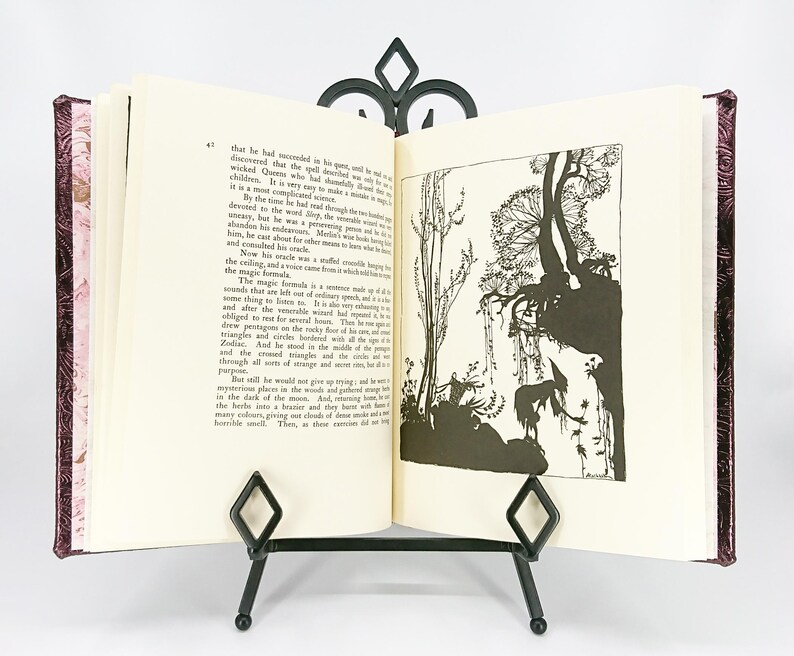 May include: An open book with a decorative black metal book stand. The book has a burgundy cover with a floral pattern and is open to a page with black and white illustrations. The book is propped up by a black metal stand.