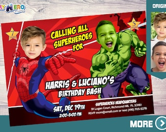 Personalized Spider-Man and Hulk Birthday Invitation with children as their favorite superheroes, Super Siblings digital and printable. 438H