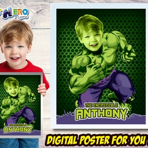 Può includere: Un poster digitale con il viso di un bambino sovrapposto al corpo di Hulk. Il poster è verde e viola con il testo "The Incredible Anthony" in basso.