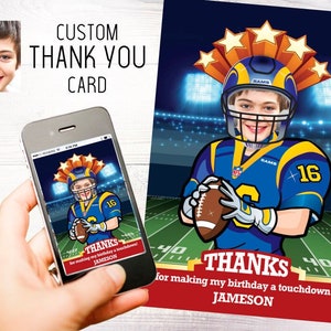 May include: A thank you card with a cartoon football player wearing a blue and yellow uniform with a football in his hand. The player has a photo of a child's face in the helmet. The card says "Thanks for making my birthday a touchdown! Jameson" and "My Hero At Home!"