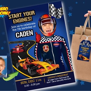 レースカー招待状、カスタムレースカー招待状、レースカー誕生日招待状、レースカー記念品タグ、レースカーパーティー招待状。1018