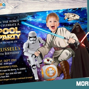 May include: A Star Wars themed pool party invitation with a blue and black space background. The invitation features a boy dressed as a Jedi, a Stormtrooper, and a BB-8 droid. The text on the invitation reads "Join the Force to Celebrate a Pool Party in Honor of Russell's 4th Birthday".
