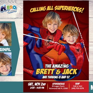 Spider-Man Siblings Invitation, Spiderman Brothers Invitation, Spiderman Siblings Birthday, Joint Spiderman Birthday, 2 Spiderman Party. 106
