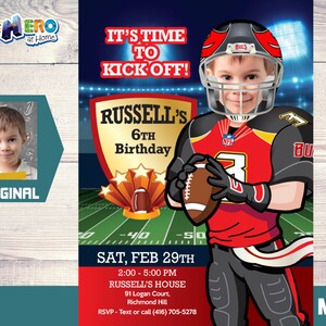 May include: A personalized football-themed birthday invitation with a photo of a child wearing a red and black football uniform and helmet. The invitation features the text "It's time to kick off!" and "Russell's 6th Birthday". The invitation also includes the date and time of the party, the address, and an RSVP number.
