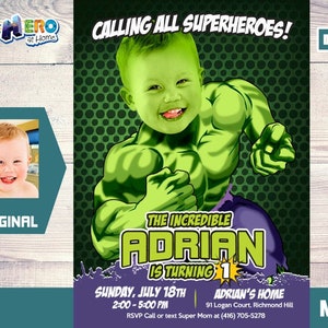 Hulk 1st Birthday Invitation, Hulk First Birthday, Baby Hulk Birthday, Avengers 1st Party, Baby Hulk theme Party, Baby Hulk Invitation. 089B